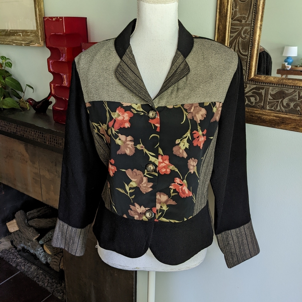 90s Vintage Floral Colorblock Jacket Womens Medium Black Gray Friends Monica 191